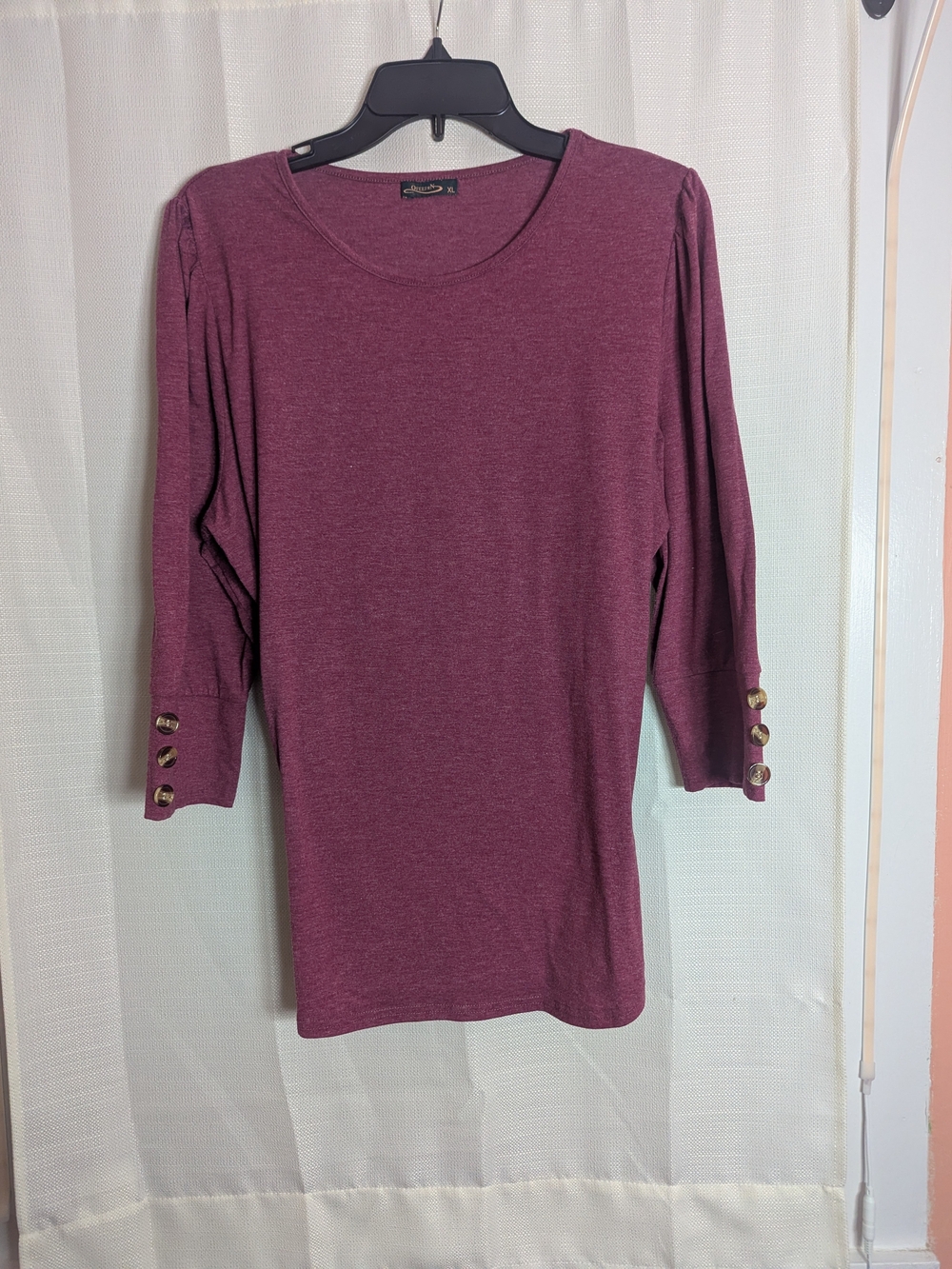 Women's Three-quarter Sleeve Crewneck Top with Button Cuff - Plum